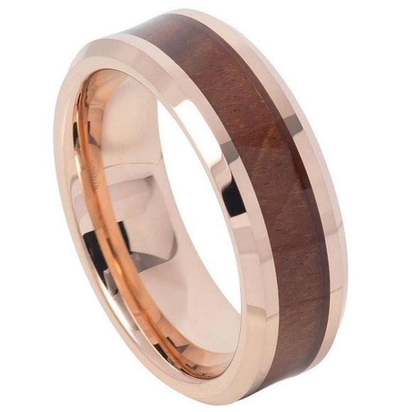 mm tungsten ring Rose Gold platedKoa Wood inlay beveled edge
